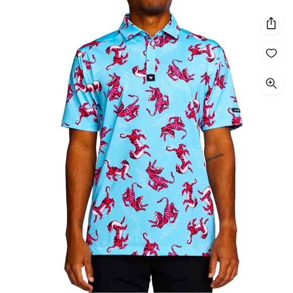 Bad Birdie Golf Polo Men’s Medium All Over Tiger Watch Print‎ Turquoise Stretch - Picture 1 of 11